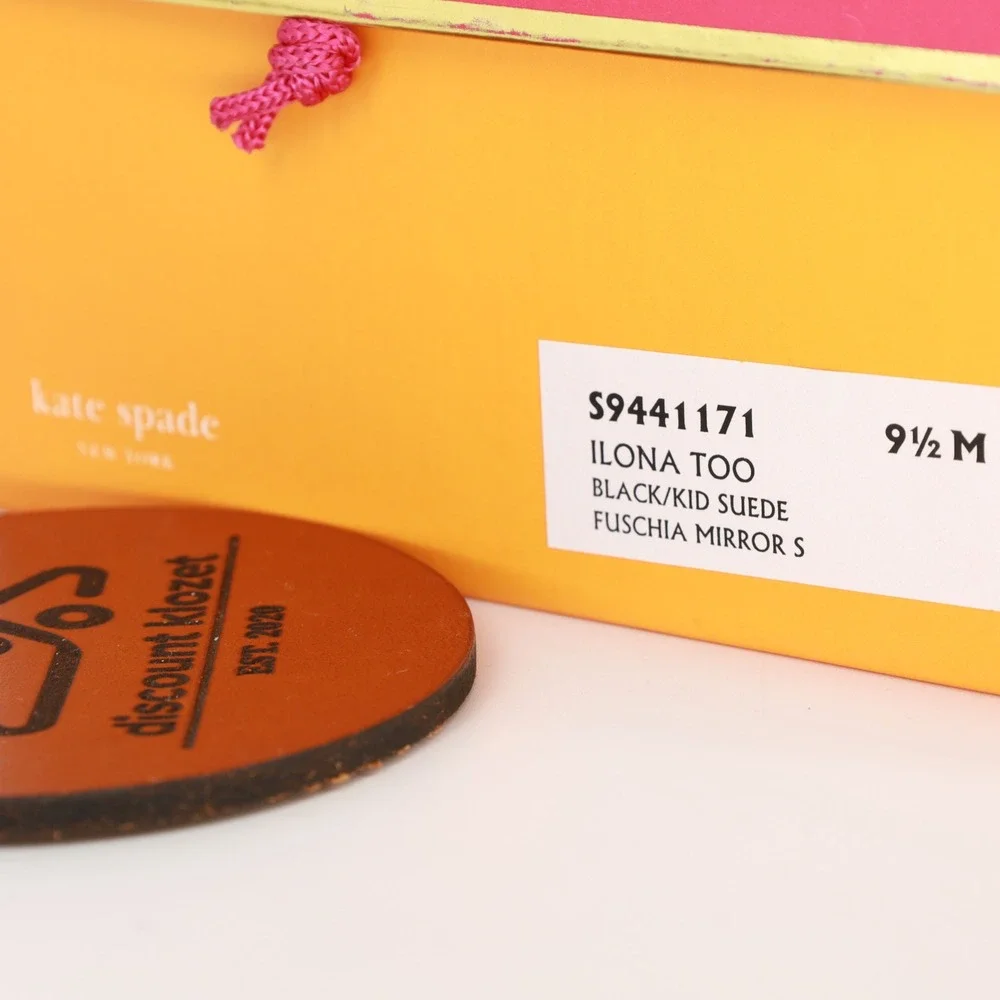 Kate Spade Ilona‎ Too Black Kid Suede Fuchsia Mirror Block Heel Sandals 9.5M